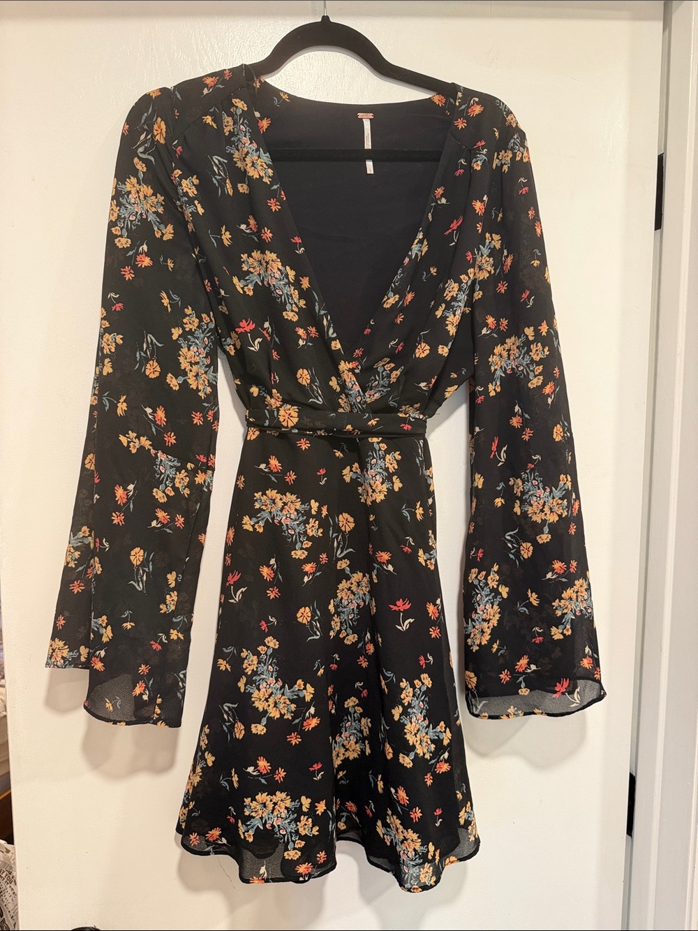 Free People Lilou Black Floral Wrap Mini Dress with Bell Sleeves Size Large